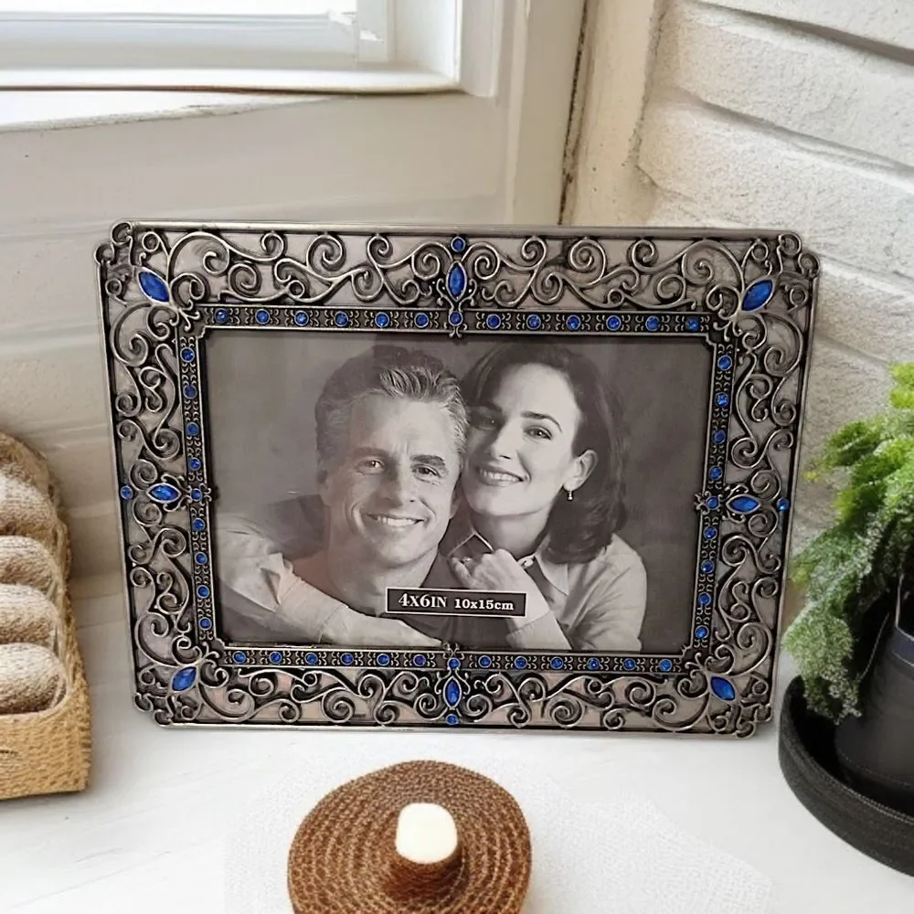 Picture Frame Ornate Metal Jewels Rhinestone Photo 4x6 Silver Tone Fairy Cottage